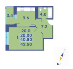 ЖК «Эдельвейс» (ЦентрСтрой), планировка 1-комнатной квартиры, 42.50 м²