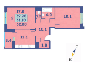 ЖК «Эдельвейс» (ЦентрСтрой), планировка 2-комнатной квартиры, 62.80 м²