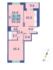 ЖК «Эдельвейс» (ЦентрСтрой), планировка 2-комнатной квартиры, 59.30 м²