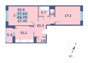 ЖК «Эдельвейс» (ЦентрСтрой), планировка 2-комнатной квартиры, 67.40 м²