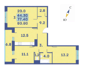 ЖК «Эдельвейс» (ЦентрСтрой), планировка 3-комнатной квартиры, 80.80 м²