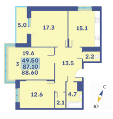 ЖК «Эдельвейс» (ЦентрСтрой), планировка 3-комнатной квартиры, 88.60 м²