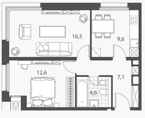 ЖК «Homecity», планировка 2-комнатной квартиры, 50.40 м²