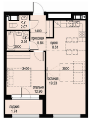 ЖК «ID Moskovskiy», планировка 1-комнатной квартиры, 53.98 м²