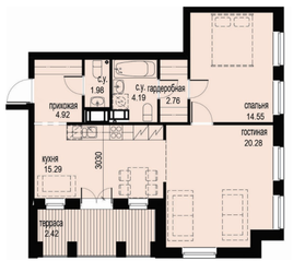 ЖК «ID Moskovskiy», планировка 2-комнатной квартиры, 66.39 м²