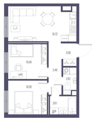 ЖК «Малоохтинский, 68», планировка 2-комнатной квартиры, 52.73 м²