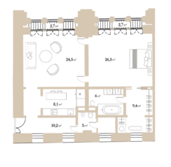 МФК «Kuznetsky Most 12 by Lalique», планировка 1-комнатной квартиры, 91.94 м²