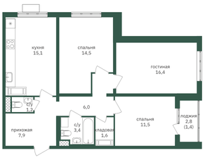 ЖК «Зеленая вертикаль», планировка 3-комнатной квартиры, 79.00 м²