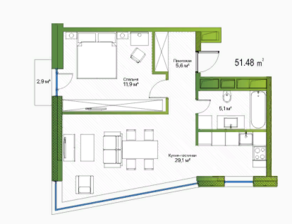 МФК «Живой комплекс LES», планировка 1-комнатной квартиры, 51.48 м²