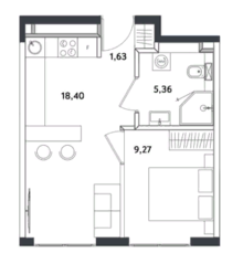 Апарт-отель «Измайловский парк», планировка 2-комнатной квартиры, 34.66 м²
