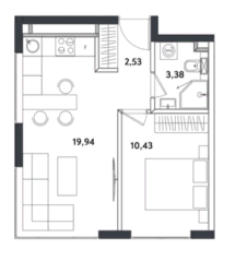 Апарт-отель «Измайловский парк», планировка 2-комнатной квартиры, 36.28 м²