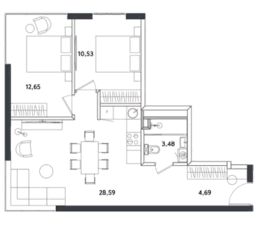 Апарт-отель «Измайловский парк», планировка 3-комнатной квартиры, 59.94 м²