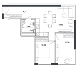 Апарт-отель «Измайловский парк», планировка 3-комнатной квартиры, 59.37 м²
