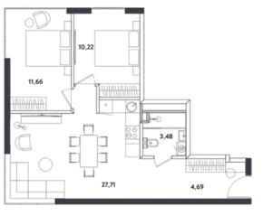 Апарт-отель «Измайловский парк», планировка 3-комнатной квартиры, 57.76 м²