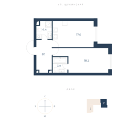 ЖК «Интонация», планировка 1-комнатной квартиры, 52.20 м²