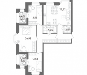 ЖК «Новое Купчино», планировка 3-комнатной квартиры, 116.90 м²