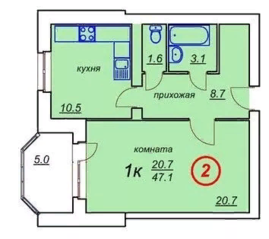 ЖК «Белые росы» (Высоковск), планировка 1-комнатной квартиры, 47.10 м²