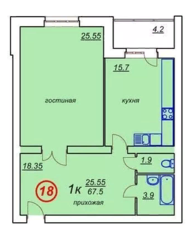 ЖК «Белые росы» (Высоковск), планировка 1-комнатной квартиры, 67.50 м²