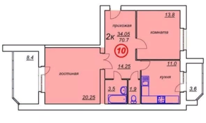 ЖК «Белые росы» (Высоковск), планировка 2-комнатной квартиры, 70.70 м²