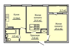 МЖК «Метелица», планировка 2-комнатной квартиры, 55.50 м²