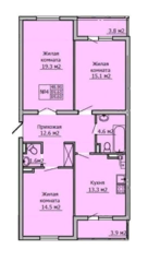 МЖК «Метелица», планировка 3-комнатной квартиры, 84.90 м²