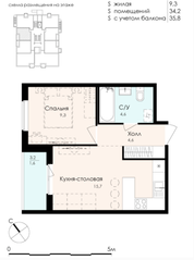 МЖК «Новая Дубровка», планировка 1-комнатной квартиры, 35.80 м²