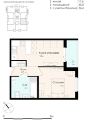 МЖК «Новая Дубровка», планировка 1-комнатной квартиры, 36.60 м²