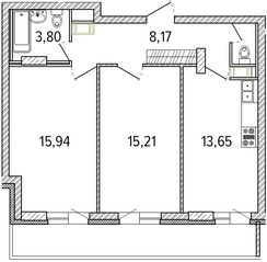 ЖК «Можайский сквер», планировка 2-комнатной квартиры, 63.08 м²