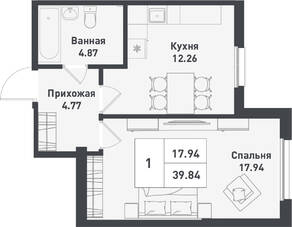 ЖК «Феникс», планировка 1-комнатной квартиры, 39.84 м²