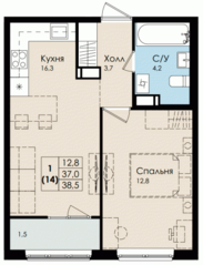 ЖК «Высший пилотаж 3», планировка 1-комнатной квартиры, 38.50 м²