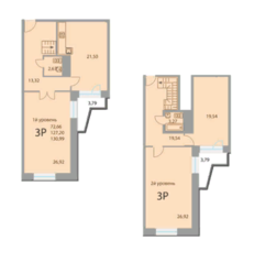 ЖК «28 микрорайон», планировка 3-комнатной квартиры, 126.80 м²