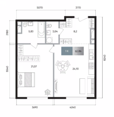 ЖК «Titul на Якиманке», планировка 1-комнатной квартиры, 62.86 м²