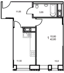 ЖК «Квартал Гальчино», планировка 1-комнатной квартиры, 42.40 м²