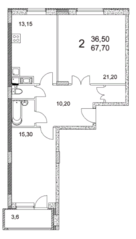 ЖК «Квартал Гальчино», планировка 2-комнатной квартиры, 68.30 м²