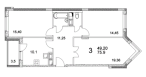 ЖК «Квартал Гальчино», планировка 3-комнатной квартиры, 75.90 м²