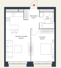 МФК «Ривер Парк», планировка 2-комнатной квартиры, 47.90 м²