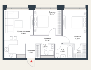 МФК «Ривер Парк», планировка 3-комнатной квартиры, 67.50 м²