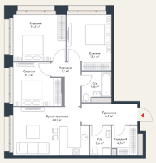 МФК «Ривер Парк», планировка 4-комнатной квартиры, 82.80 м²