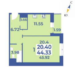 ЖК «Эдельвейс» (ЦентрСтрой), планировка 1-комнатной квартиры, 45.92 м²