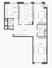 ЖК «Homecity», планировка 3-комнатной квартиры, 89.90 м²
