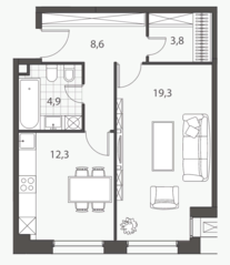 ЖК «Homecity», планировка 1-комнатной квартиры, 48.90 м²
