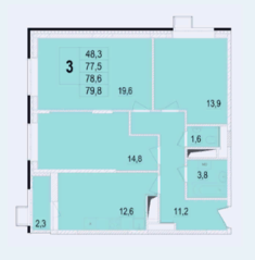 ЖК «Отрадный», планировка 3-комнатной квартиры, 78.60 м²