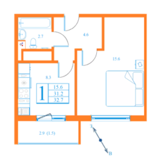 ЖК «Лесной квартал», планировка 1-комнатной квартиры, 32.70 м²
