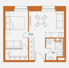 Апарт-отель «VIDI», планировка 1-комнатной квартиры, 32.40 м²