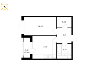 ЖК «TopHILLS», планировка 1-комнатной квартиры, 41.60 м²