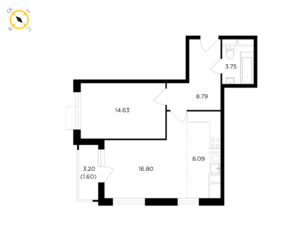 ЖК «TopHILLS», планировка 2-комнатной квартиры, 53.66 м²