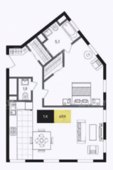 МФК «Titul на Серебрянической», планировка 2-комнатной квартиры, 69.90 м²