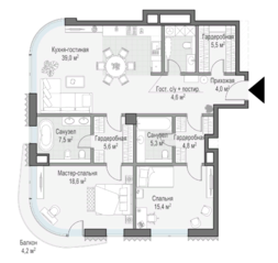 ЖК Дом «Лаврушинский», планировка 2-комнатной квартиры, 112.00 м²