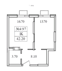 ЖК «Видный берег 2», планировка 1-комнатной квартиры, 42.20 м²