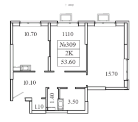 ЖК «Видный берег 2», планировка 2-комнатной квартиры, 53.60 м²